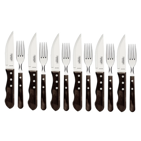 Tramontina 12pc Jumbo Stainless Steel BBQ Steak Knife & Fork Set w/ Polywood Handles - Brown (Dishwasher Safe)