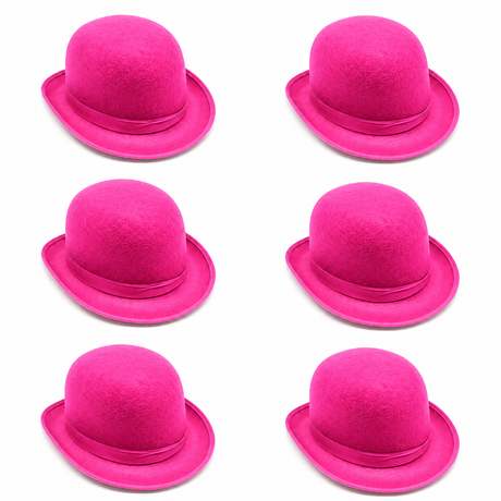 6x Pink Bowler Hat Bulk Pack - Vintage Derby Felt Costume for Dance/Fancy Dress Party