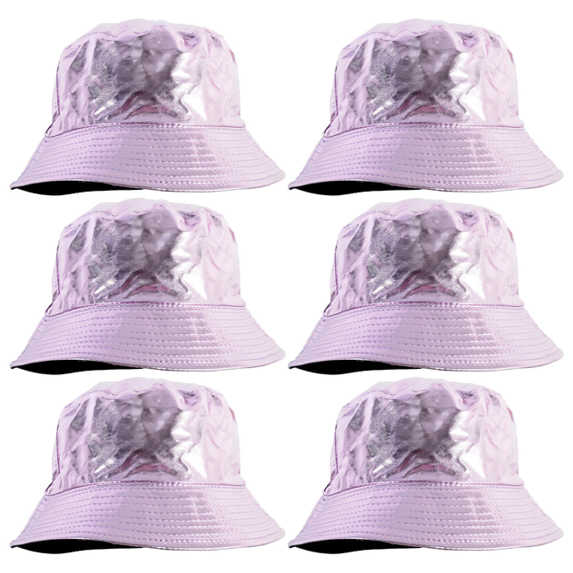 6x Pink Metallic Bucket Hat Bulk Pack - Festival & Party Costume
