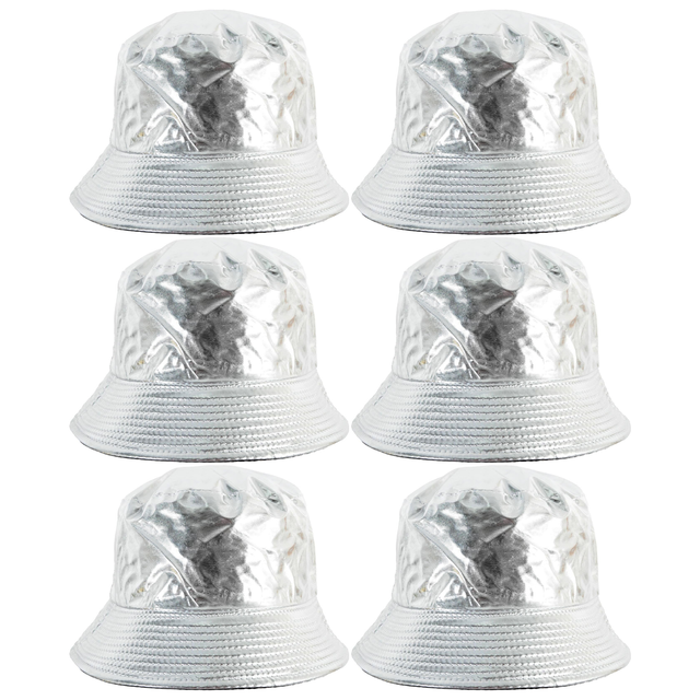 6x Silver Metallic Bucket Hat Bulk Pack - Festival & Party Costume