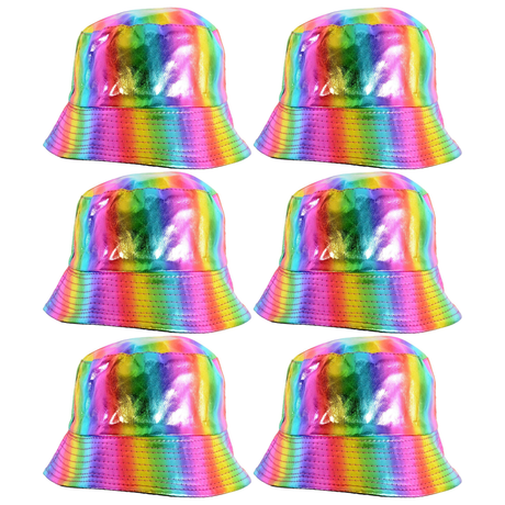 6x 90s Shiny Rainbow Holographic Metallic Bucket Hat Bulk Pack - Festival & Party Costume