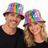 90s Shiny Rainbow Holographic Metallic Bucket Hat - Festival & Party Costume