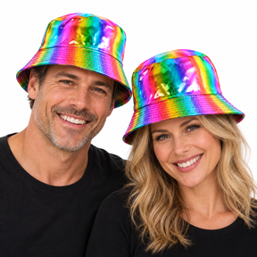 90s Shiny Rainbow Holographic Metallic Bucket Hat - Festival & Party Costume