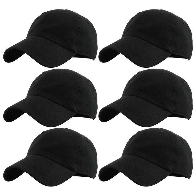 6x Plain Black Baseball Cap Bulk Pack - Adjustable One Size