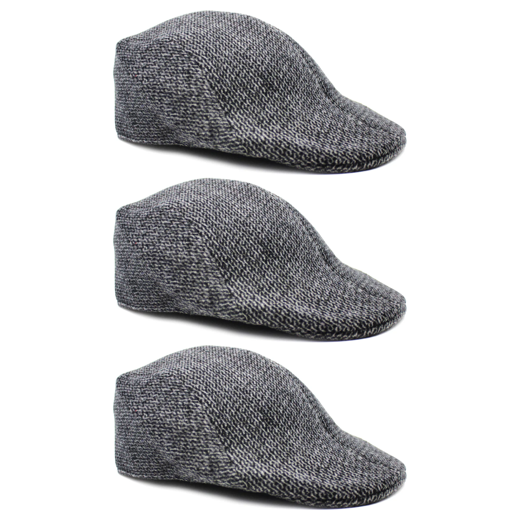 3x Mens Herringbone Driving Cabbie Flat Cap Pack - Grey (Gatsby 20s Ivy Newsboy Hat)