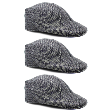 3x Mens Herringbone Driving Cabbie Flat Cap Pack - Grey (Gatsby 20s Ivy Newsboy Hat)