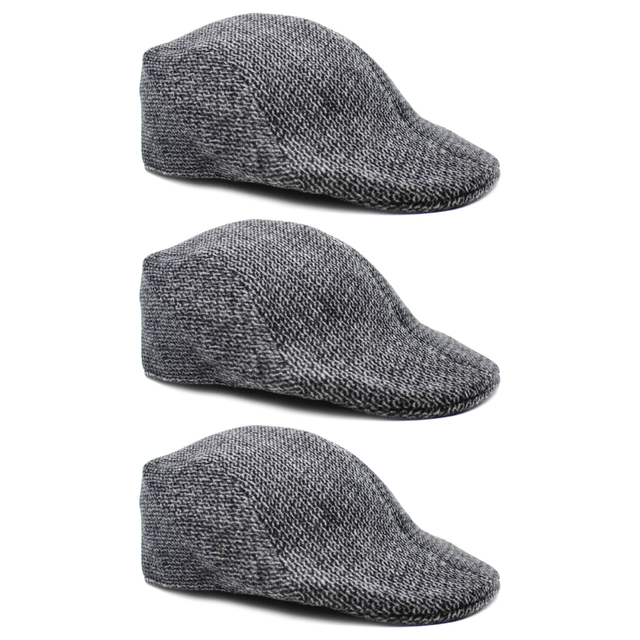 3x Mens Herringbone Driving Cabbie Flat Cap Pack - Grey (Gatsby 20s Ivy Newsboy Hat)