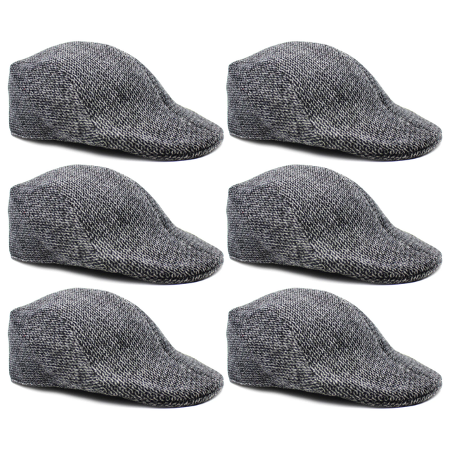 6x Mens Herringbone Driving Cabbie Flat Cap Bulk Pack - Grey (Gatsby 20s Ivy Newsboy Hat)