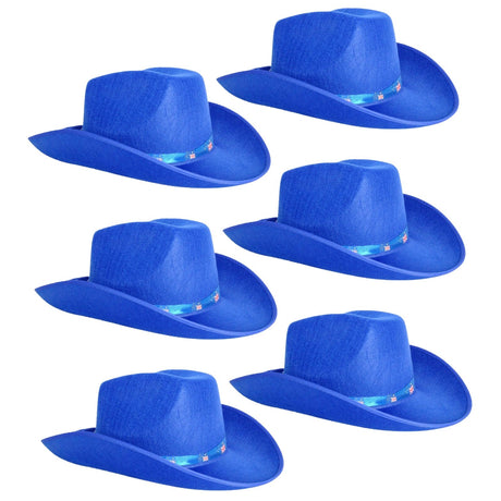 6x Blue Felt Cowboy Hat with Australian Flag Ribbon Bulk Pack - Festival Costume Accessory