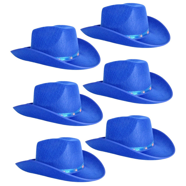 6x Blue Felt Cowboy Hat with Australian Flag Ribbon Bulk Pack - Festival Costume Accessory