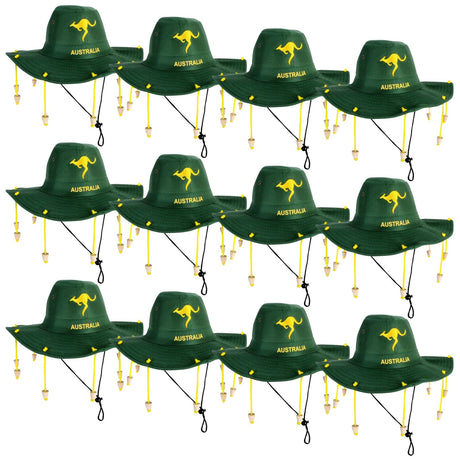 12x Australian Cork Hat Bulk Pack– Green w/ Gold Kangaroo Embroidery