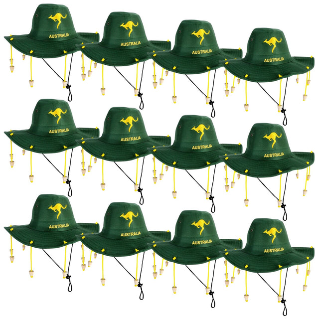 12x Australian Cork Hat Bulk Pack– Green w/ Gold Kangaroo Embroidery