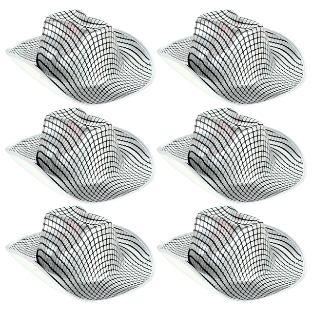 6x Metallic Disco Print Cowboy Hat Bulk Pack - Silver (Western Party Costume & Fancy Dress)
