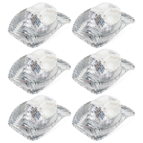 6x Sequin Disco Cowboy Hat Bulk Pack - Silver (Shiny Western Party Costume & Fancy Dress)