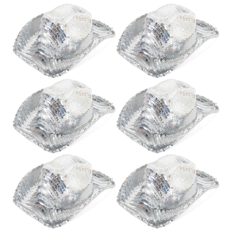 6x Sequin Disco Cowboy Hat Bulk Pack - Silver (Shiny Western Party Costume & Fancy Dress)