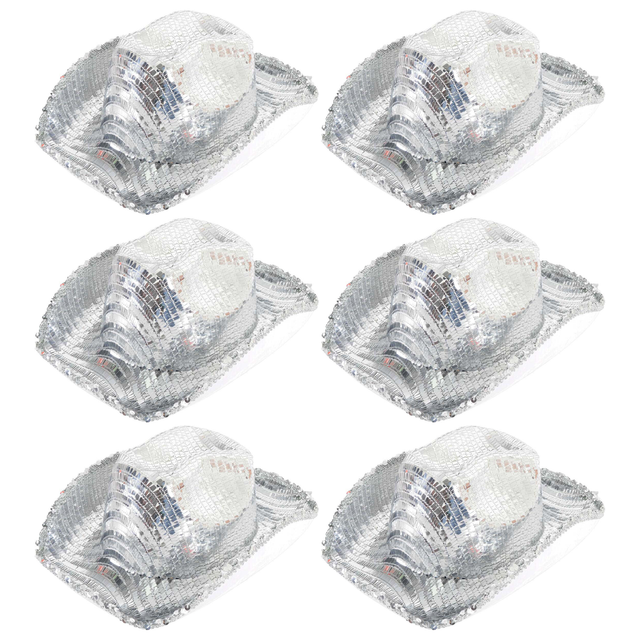 6x Sequin Disco Cowboy Hat Bulk Pack - Silver (Shiny Western Party Costume & Fancy Dress)