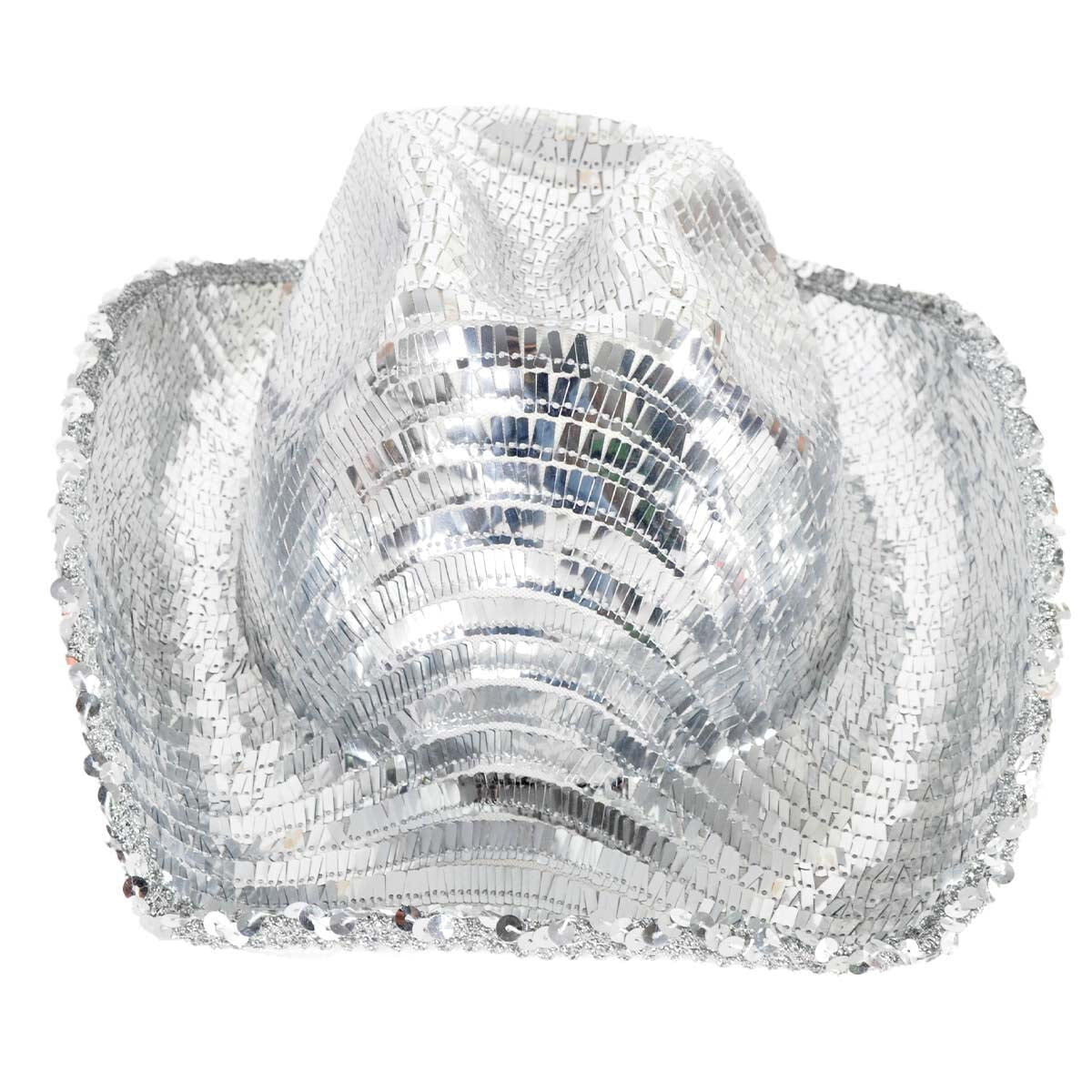 Deluxe Sequin Disco Cowboy Costume Party Shiny Hat Western Reflective - Silver