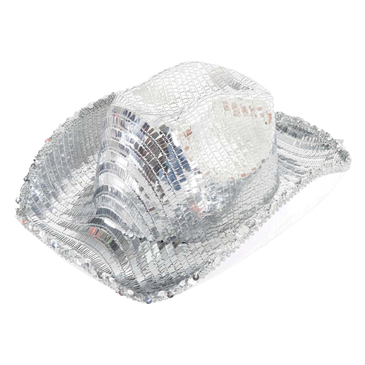 Deluxe Sequin Disco Cowboy Costume Party Shiny Hat Western Reflective - Silver