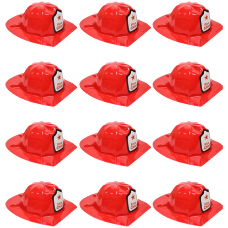 12x Kids Red Fireman Hat w/ Fire Chief Shield Badge Bulk Pack - Halloween Dress Up/Party Costume