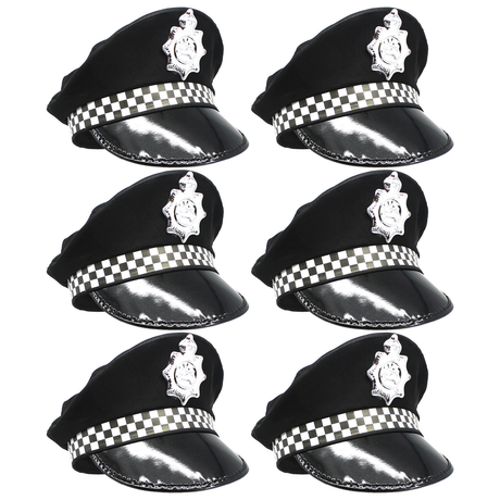 6x Black Police Officer/Pilot Cap Bulk Pack - Cop Costume (Book Week & Halloween Fancy Dress)