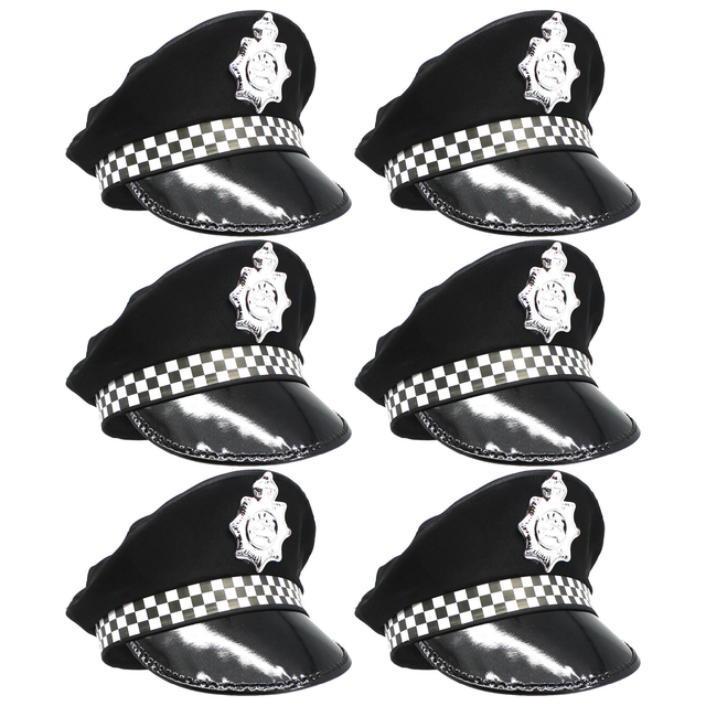 6x Black Police Officer/Pilot Cap Bulk Pack - Cop Costume (Book Week & Halloween Fancy Dress)