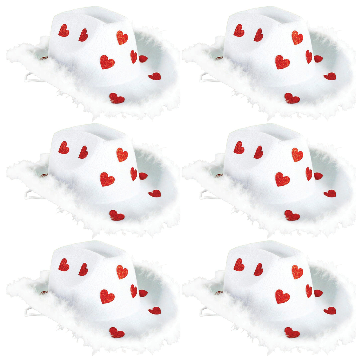 6x Cowboy Hat w/ Sparkly Hearts & Feather Trim Bulk Pack - White/Red (Western Party Costume & Fancy Dress)