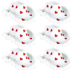 6x Cowboy Hat w/ Sparkly Hearts & Feather Trim Bulk Pack - White/Red (Western Party Costume & Fancy Dress)