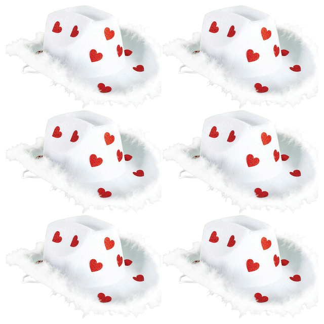 6x Cowboy Hat w/ Sparkly Hearts & Feather Trim Bulk Pack - White/Red (Western Party Costume & Fancy Dress)