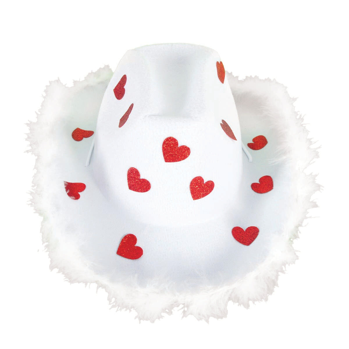Cowboy Hat w/ Sparkly Hearts & Feather Trim - White/Red (Western Party Costume & Fancy Dress)