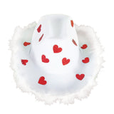 Cowboy Hat w/ Sparkly Hearts & Feather Trim - White/Red (Western Party Costume & Fancy Dress)