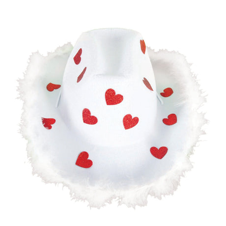 6x Cowboy Hat w/ Sparkly Hearts & Feather Trim Bulk Pack - White/Red (Western Party Costume & Fancy Dress)