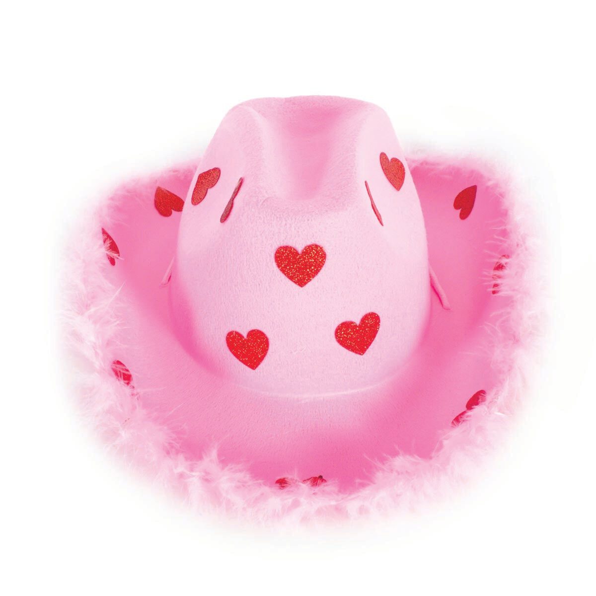 Cowboy Hat w/ Sparkly Hearts & Feather Trim - Pink/Red (Western Party Costume & Fancy Dress)