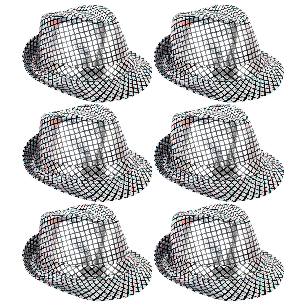 6x Metallic Disco Print Trilby Hat Bulk Pack - Black/Silver (Party Costume & Fancy Dress)