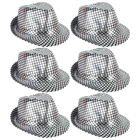 6x Metallic Disco Print Trilby Hat Bulk Pack - Black/Silver (Party Costume & Fancy Dress)