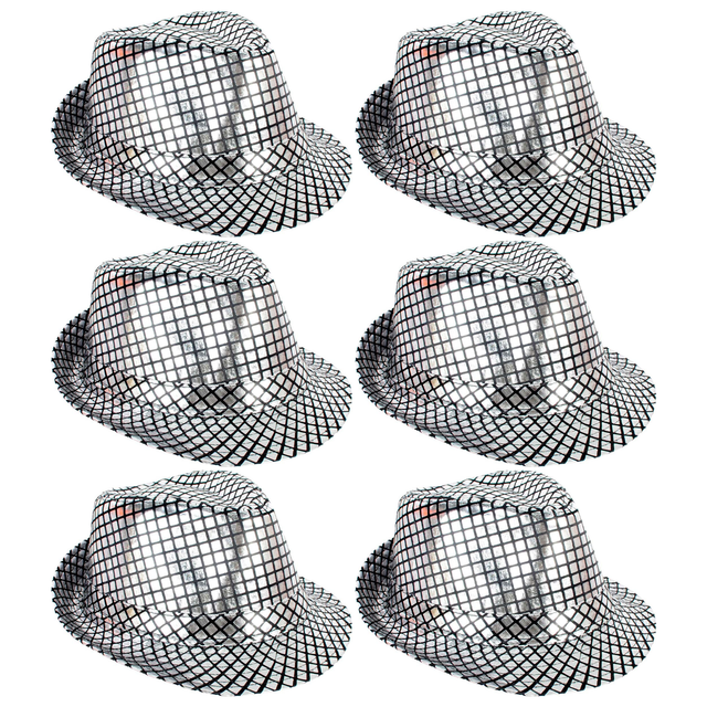 6x Metallic Disco Print Trilby Hat Bulk Pack - Black/Silver (Party Costume & Fancy Dress)