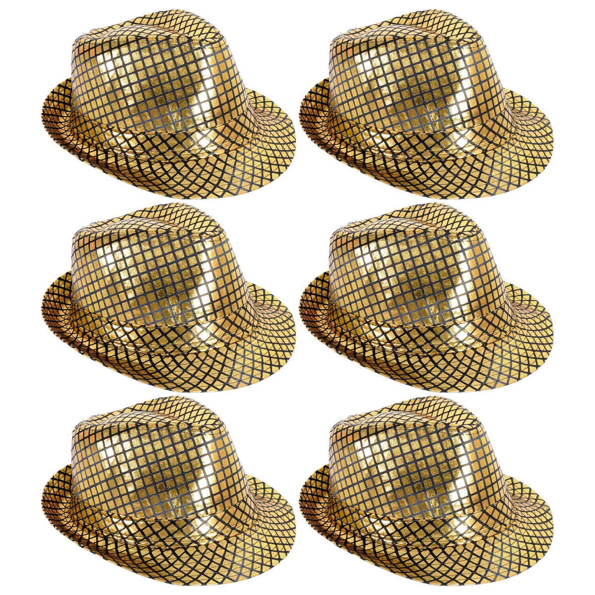 6x Metallic Disco Print Trilby Hat Bulk Pack - Black/Gold (Party Costume & Fancy Dress)
