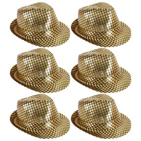 6x Metallic Disco Print Trilby Hat Bulk Pack - Black/Gold (Party Costume & Fancy Dress)