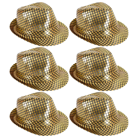 6x Metallic Disco Print Trilby Hat Bulk Pack - Black/Gold (Party Costume & Fancy Dress)