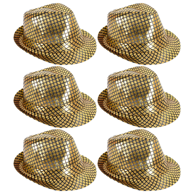 6x Metallic Disco Print Trilby Hat Bulk Pack - Black/Gold (Party Costume & Fancy Dress)