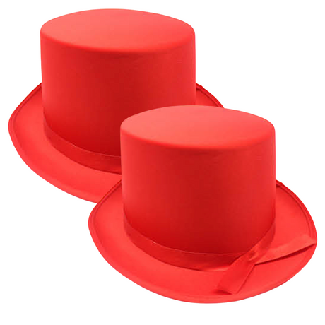2x SATIN TOP HAT Costume Party Cap Fancy Dress Trilby Fedora One Size - Red