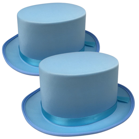 2x SATIN TOP HAT Costume Party Cap Fancy Dress Trilby Fedora One Size - Sky Blue