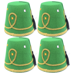 4x Deluxe Green Turkish Fez Hat w/ Gold Trim & Black Tassel Bulk Pack - Fancy Dress Party