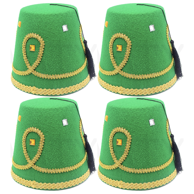 4x Deluxe Green Turkish Fez Hat w/ Gold Trim & Black Tassel Bulk Pack - Fancy Dress Party