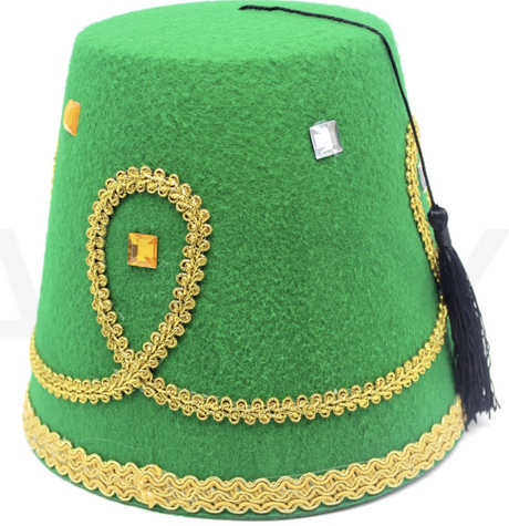Deluxe Green Turkish Fez Hat w/ Gold Trim & Black Tassel - Fancy Dress Party