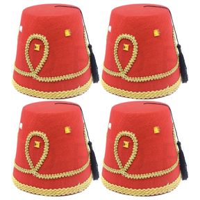 4x Deluxe Red Turkish Fez Hat w/ Gold Trim & Black Tassel Bulk Pack - Fancy Dress Party