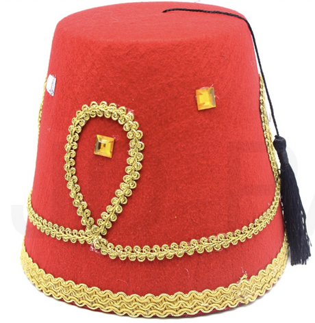 Deluxe Red Turkish Fez Hat w/ Gold Trim & Black Tassel - Fancy Dress Party