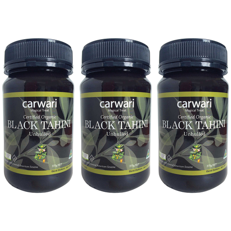 3x 375g Carwari Unhulled Black Tahini Paste Bulk Pack (100% Sesame Seeds) in Glass Jar