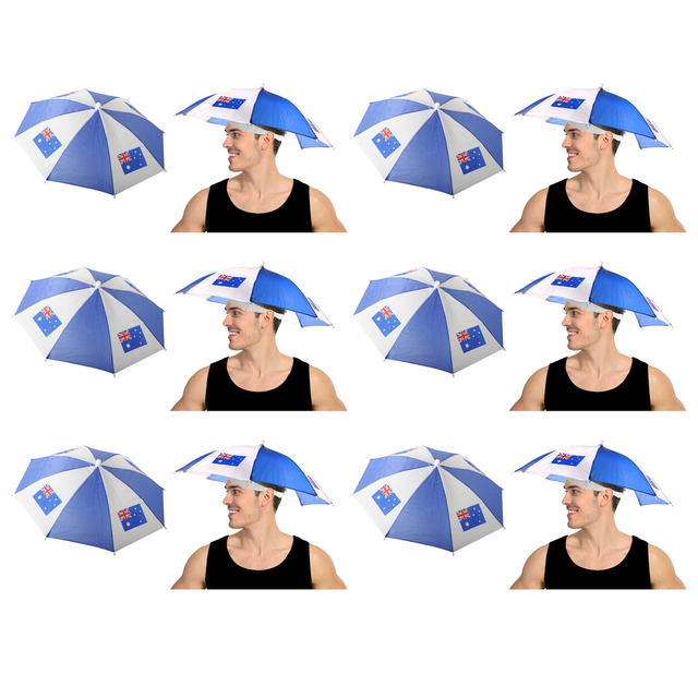 6x Australia Umbrella Hat Bulk Pack - Rain Novelty Cap for Tennis/Cricket/Sport Events