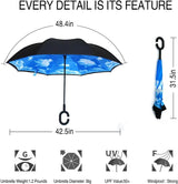 Reverse Umbrella Windproof Double Layer C-Handle Inverted Folding in Cloud Print