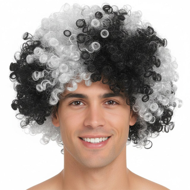 Black/White Afro Wig - Deluxe Curly Hair for 70s/80s Costume & Fancy Dress Party